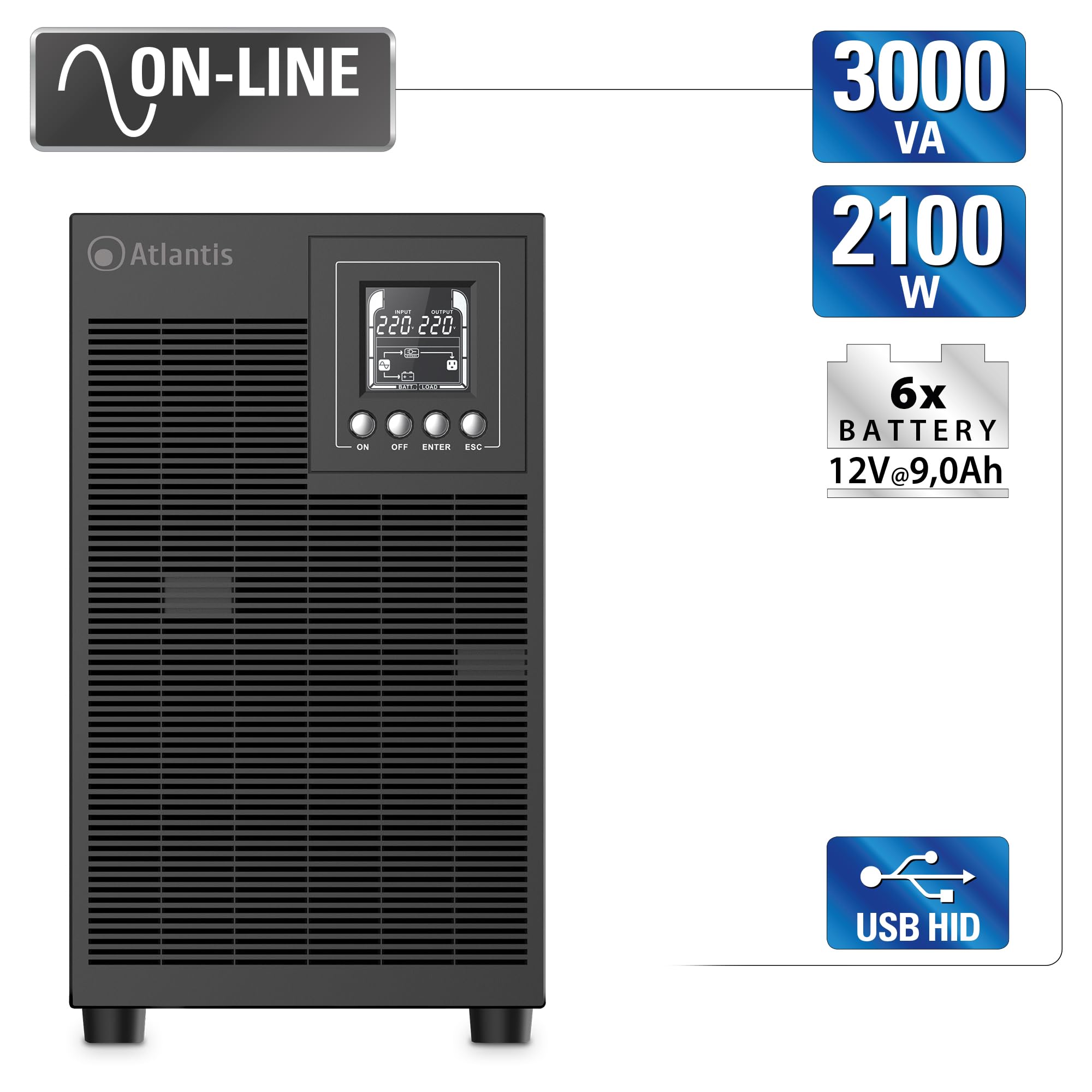 Atlantis A03-OP3002XLN UPS OnLine 75% Più Silenzioso Gruppo di Continuità Server Doppia conversione Onda Sinusoidale Pura 3000VA 2100W, Ventole Low Noise Gelid 31,3 dbA,USB,4 IEC, slot, 6x12V-9Ah