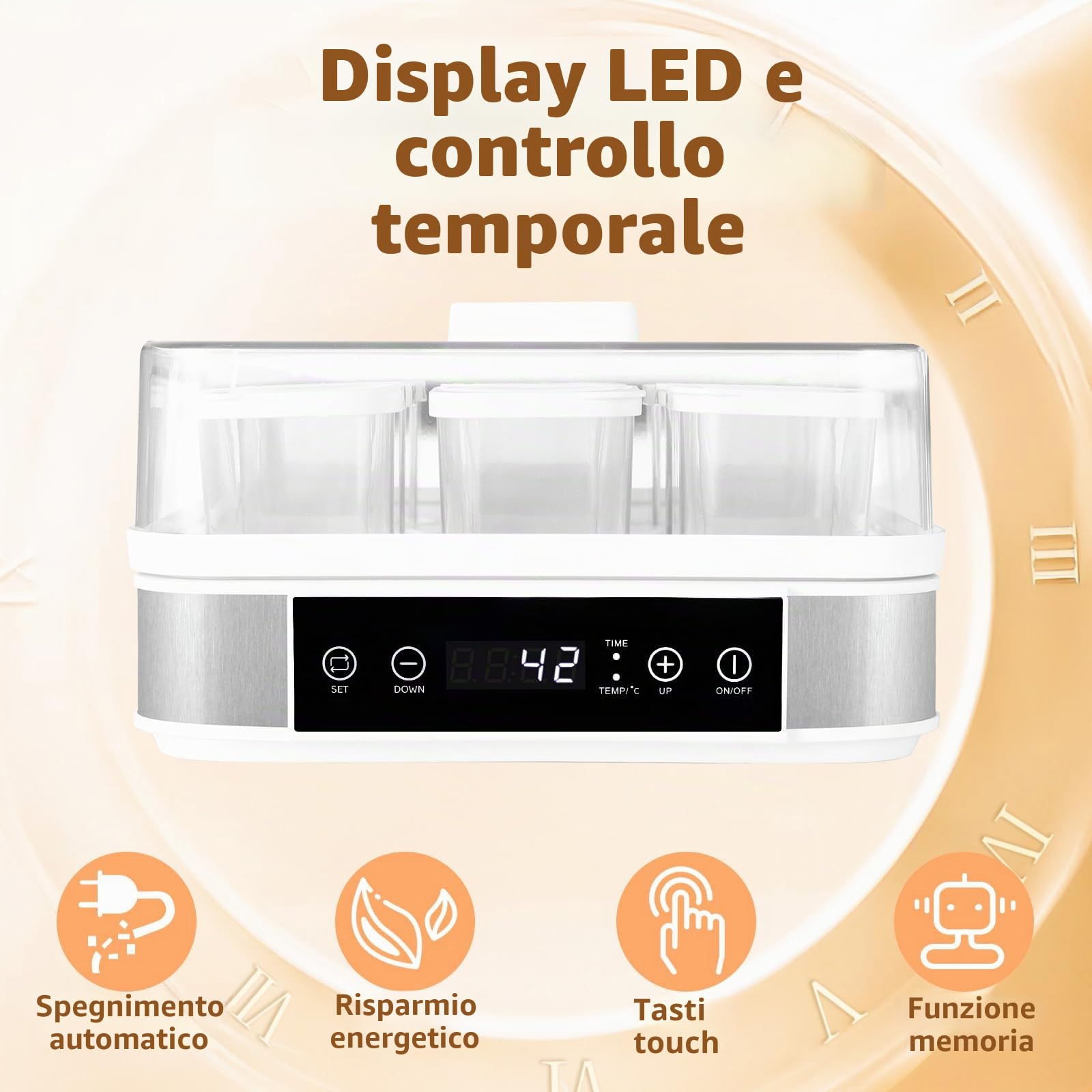 Yogurtiera Elettrica, Macchina per Yogurt in Argento Premium, Yogurtiera con 9 Vasetti da 170 ml, Yogurt Senza Zucchero Fatto in Casa, con Timer Digitale, Arresto Automatico, Display LCD, 40 W