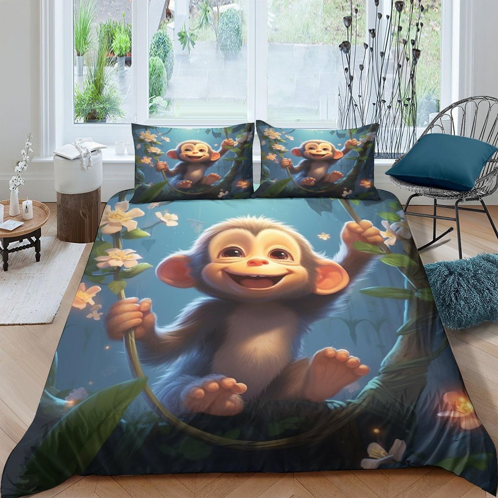 Housse de couette singe 3D pour lit enfant double avec deux taies d'oreiller