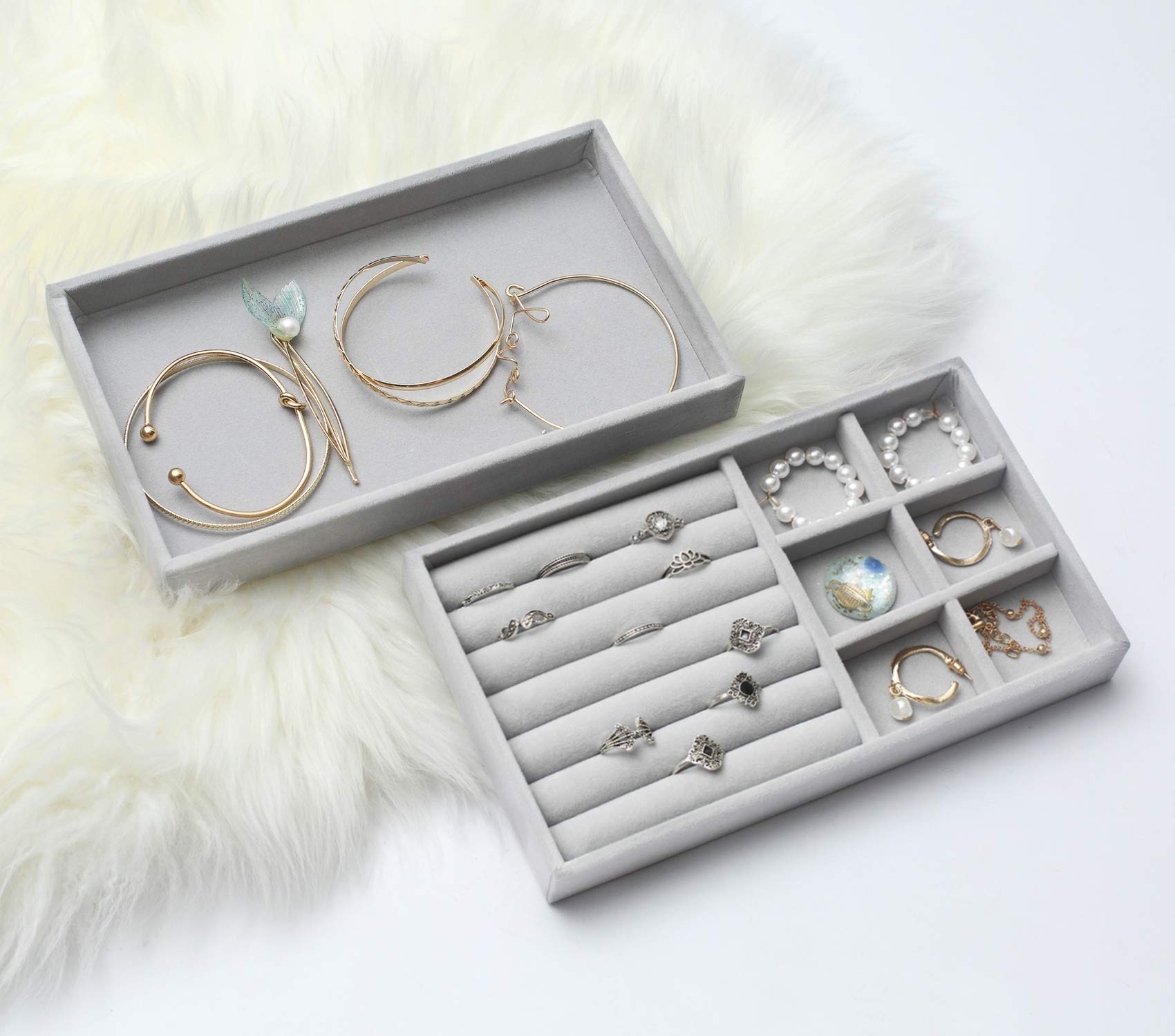 Lot De 10 Plateaux à Bijoux Empilables En Velours - Organisateur Tiroir Pour Colliers, Bracelets, Boucles D'Oreilles - Gris - 10