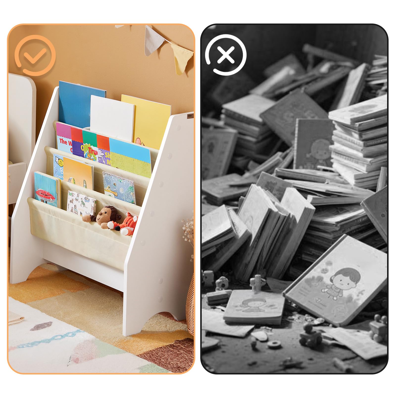 SoBuy Biblioteczka dla Dzieci, Regał na Książki i Leksaki z 4 Tkaninowymi Kieszonkami, Meble do Pokoju Dziecięcego do Organizacji Książek i Zabawek, Biały 62x30x71 cm FRG225-W