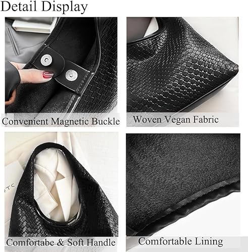 Miniatura 5 de Bolso de mano tejido 2025 para mujer, bolsos de hombro de moda, bolsa de playa tejida de cuero, bolsos de trabajo para mujer Negro