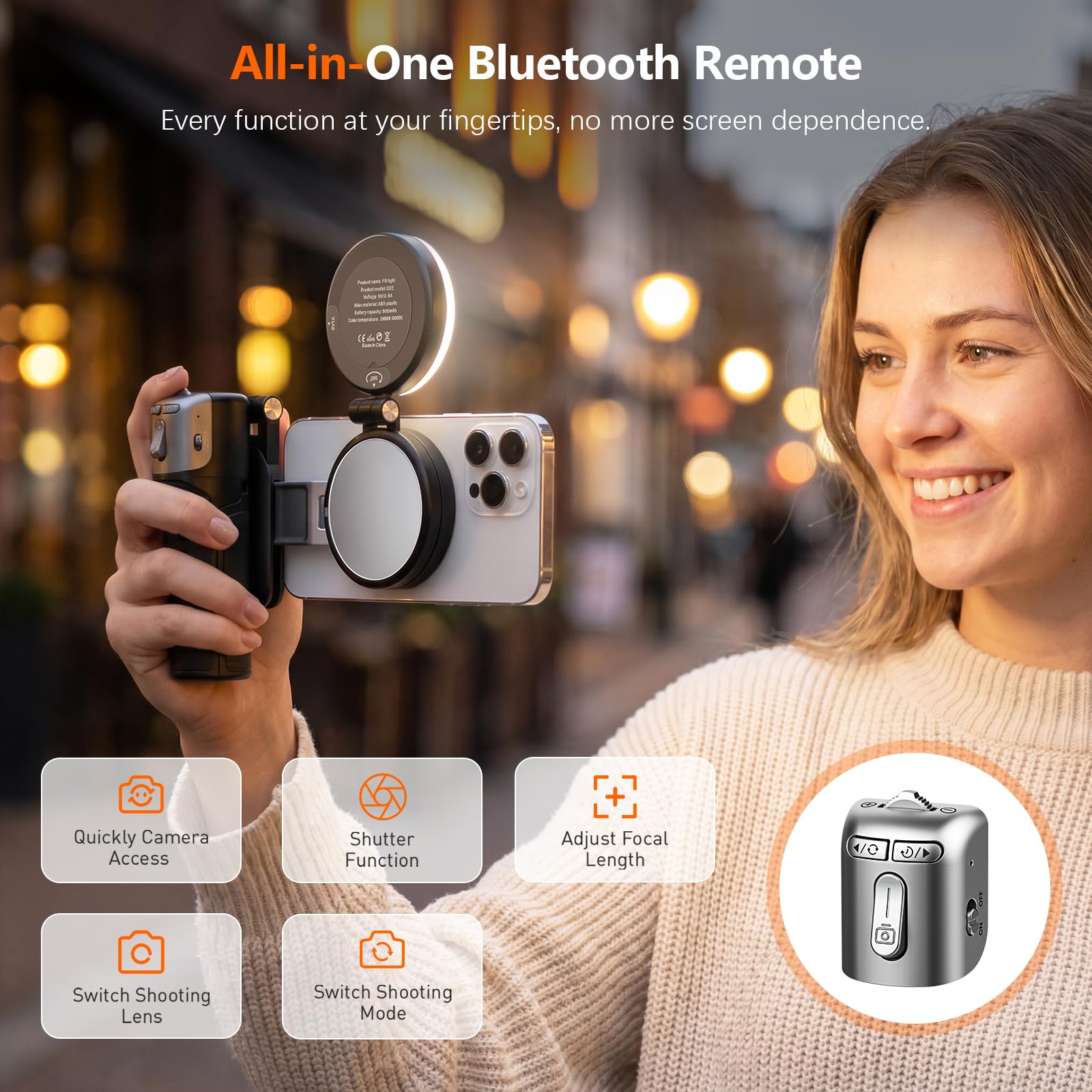 AMAZEAR Perche à Selfie magnétique trepied Smartphone - Blanc avec lumière
