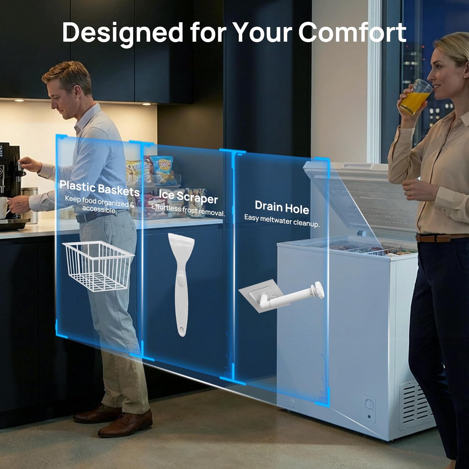 2.7 Cu.Ft Chest Freezer, Deep Freezer with Adjustable 7 Thermostat,2 Removable Baskets, Energy Saving,Quiet Top Open Door Meat Freezer with LED Light for Garage Outdoor Home Office