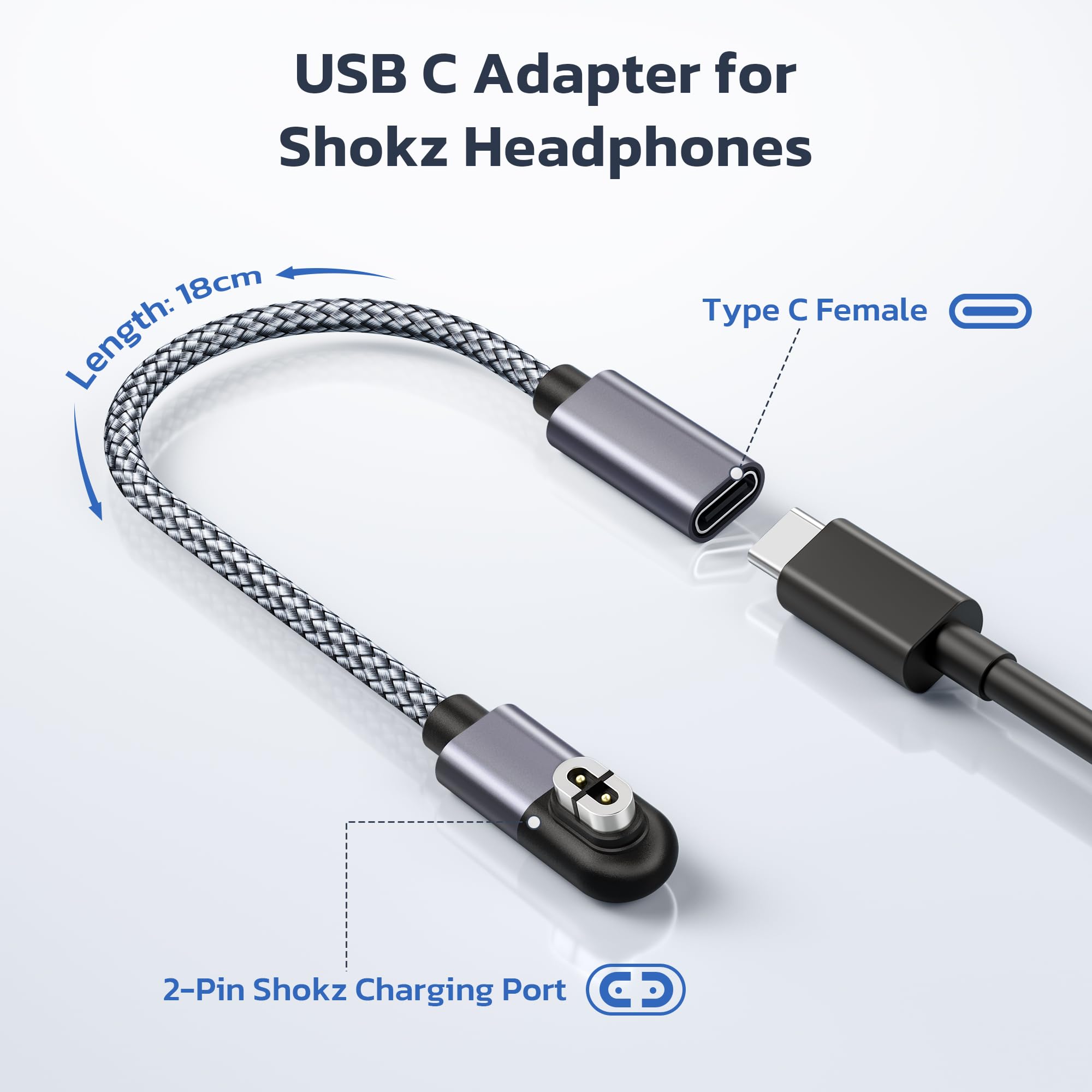 Seminer USB-C-laadadapter voor Shokz hoofdtelefoon (2 stuks), magnetische oplaadadapter voor aftershokz-hoofdtelefoonlader, compatibel met Shokz Aeropex, OpenRun/Pro/Mini, OpenComm