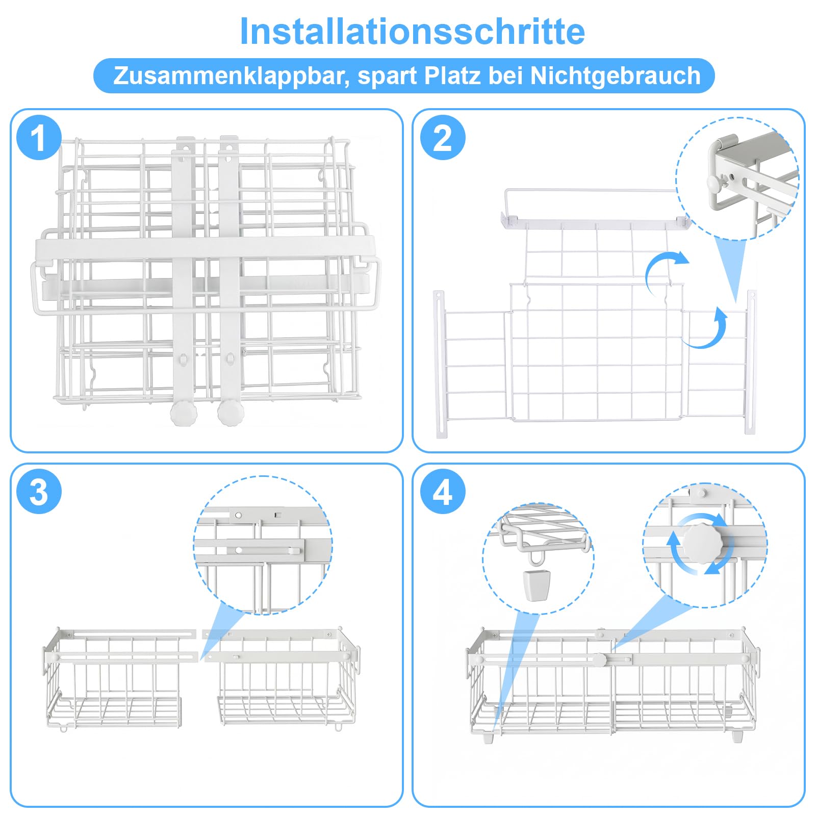 4er Gefrierkörbe Erweiterbare Gefrierschrank Organizer Stapelbar Aufbewahrungskorb Metall Mit Griffen 140L-570L Ausziehbare Länge 29-45.5x30.5x15cm Weiß