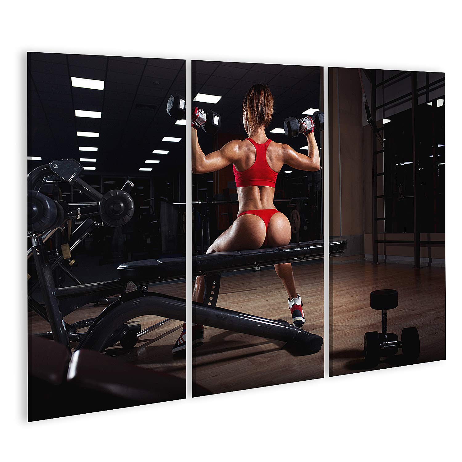 islandburner Quadro su tela giovane donna di fitness in rosso con i muscoli della schiena tagliuzzato facendo manubri pressa spalle in palestra Stampe Arte Poster Murale