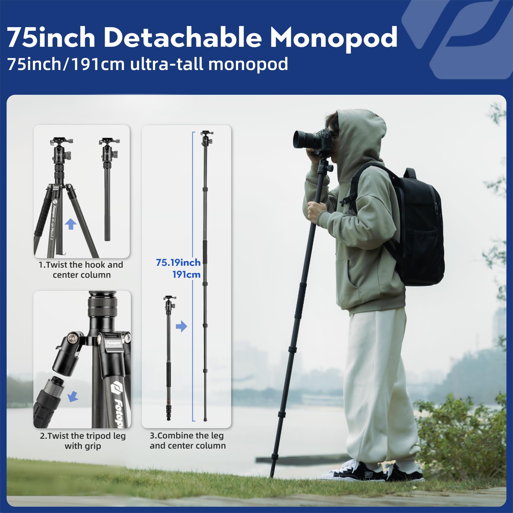 Fotopro Statyw z włókna węglowego 185 cm do aparatu, kompaktowy statyw podróżny z głowicą kulową, zdejmowany monopod z płytą szybkiego zwalniania i torbą na aparat, nośność do 10 kg, stojak