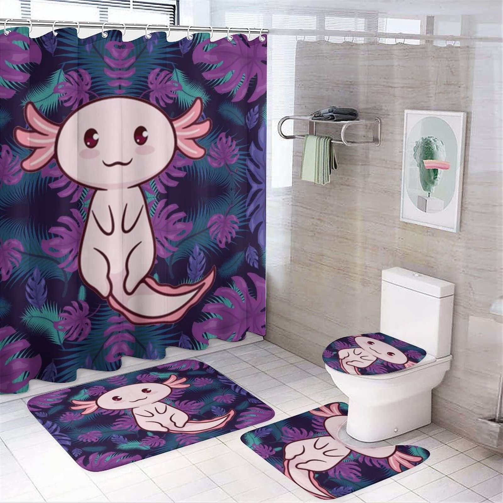 Kazynee Cute Axolotl 4 Piece Shower Curtain Sets, Non-Slip Rugs, Toilet Lid Cover and Bath Mat, Durable and Waterproof, for Bathroom Decor Set One Size