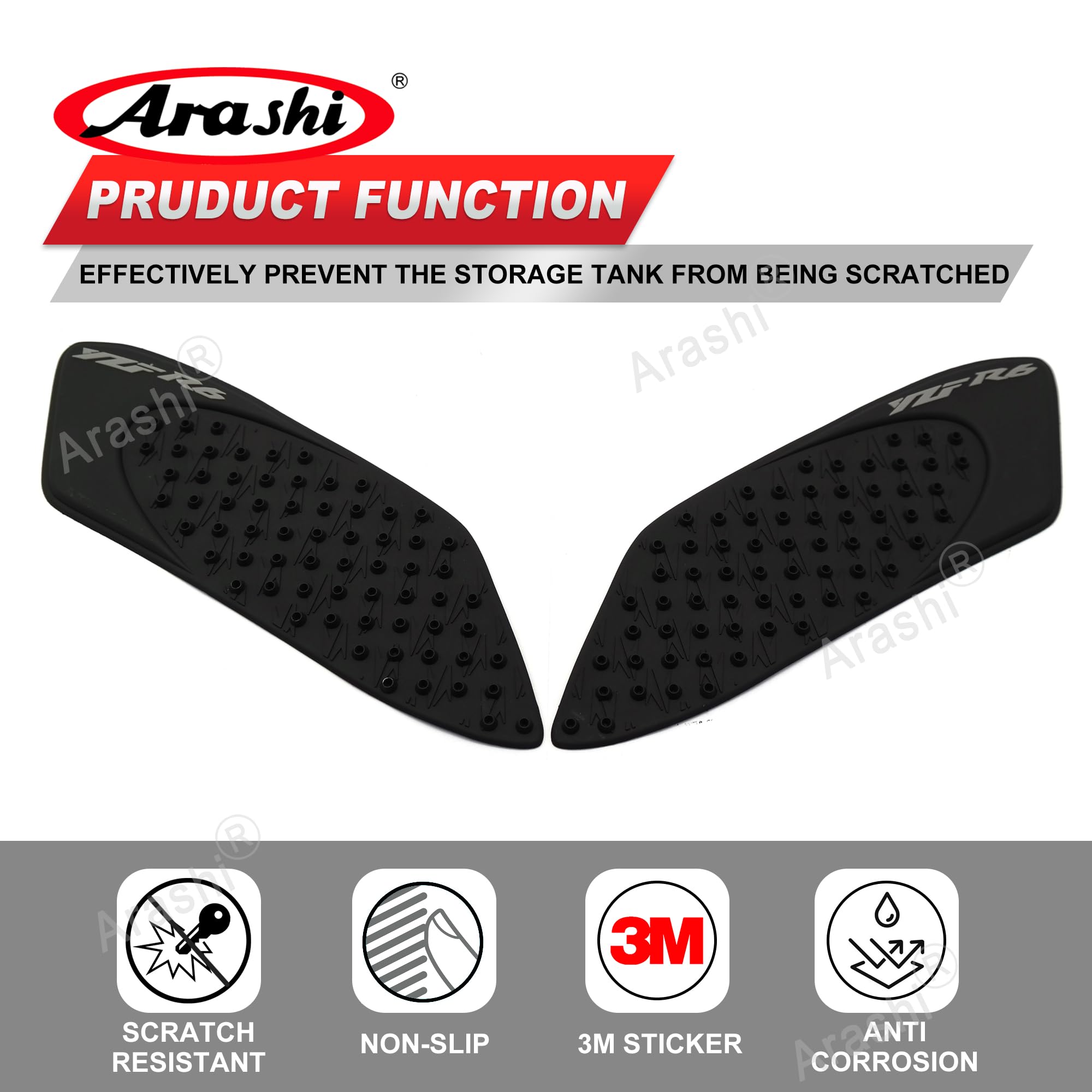 Arashi Negro Depósito de combustible de gas Almohadillas laterales Protector Rodillera Agarre Tracción para YZF R6 2006-2007