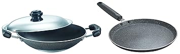 Prestige Omega Select Plus Residue Free Non-Stick Deep Appachetty with Lid, 20cm & Prestige Omega Deluxe Granite Nonstick Aluminium Dosa Tawa, Black, 25 cm