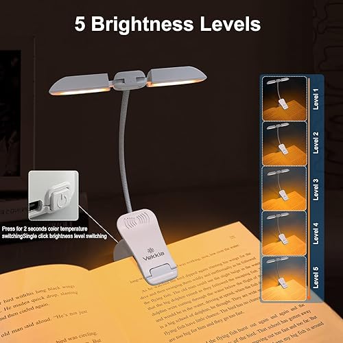 Miniatura 3 de Vekkia Luz de libro recargable de 14 LED para leer en la cama, luz de lectura cálidaámbar con abrazadera, luz de clip ajustable de 180, luz ligera