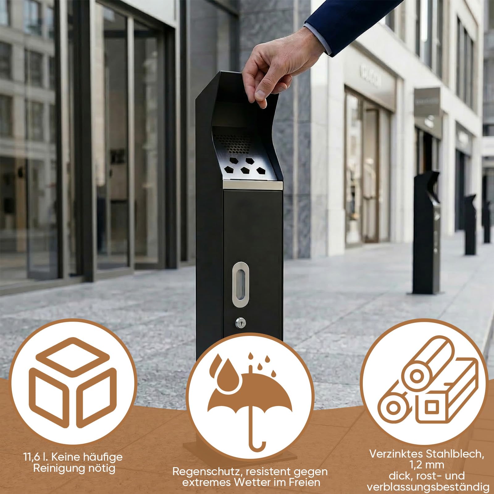 Cubo de basura comercial de 11,6 l con llave, 5 agujeros, con cubo interior extraíble, cubo vertical de acero inoxidable, 17 x 17 x 93 cm, para hotel y restaurante
