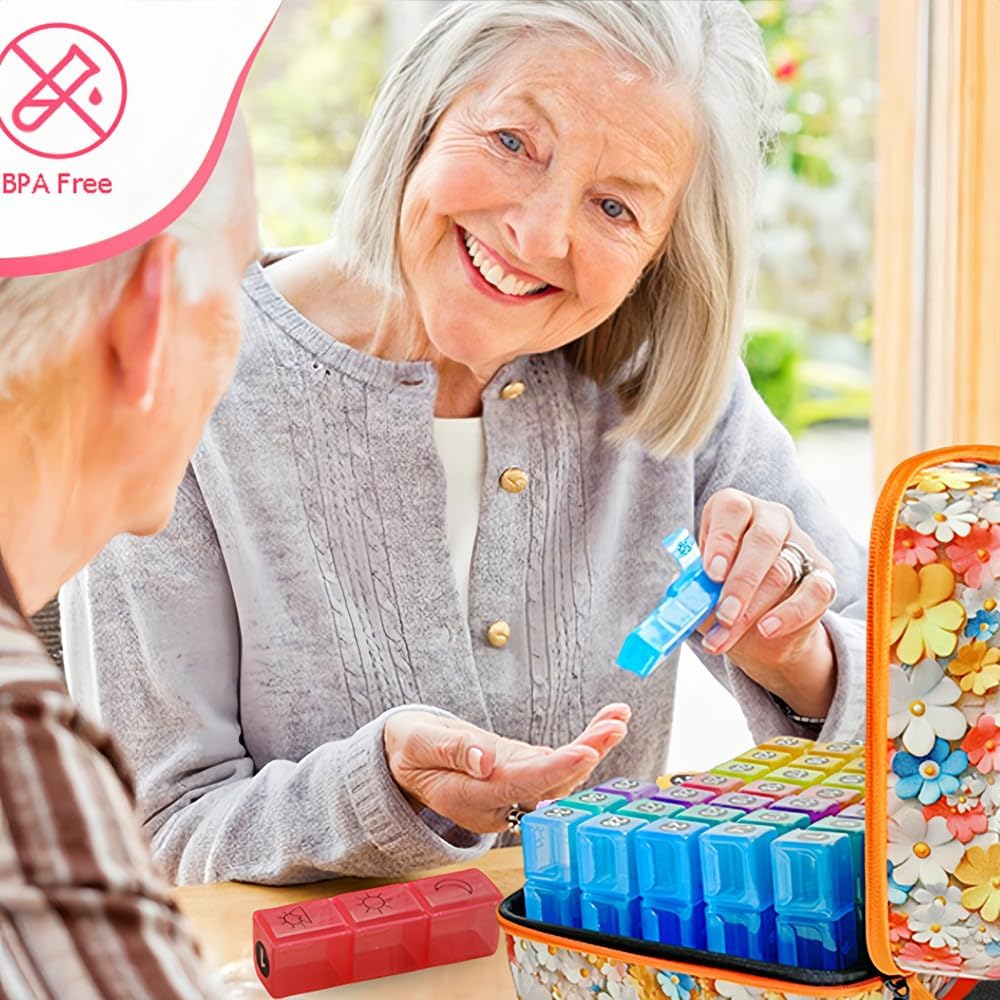 Monthly Pill Organizer, 31-Day Medicine Box with Hard Shell Case, 3 Times Daily Dosage Schedule, Plastic Rectangular Design, Includes Pill Cutter and Monthly Weekly Stickers (Flowers)