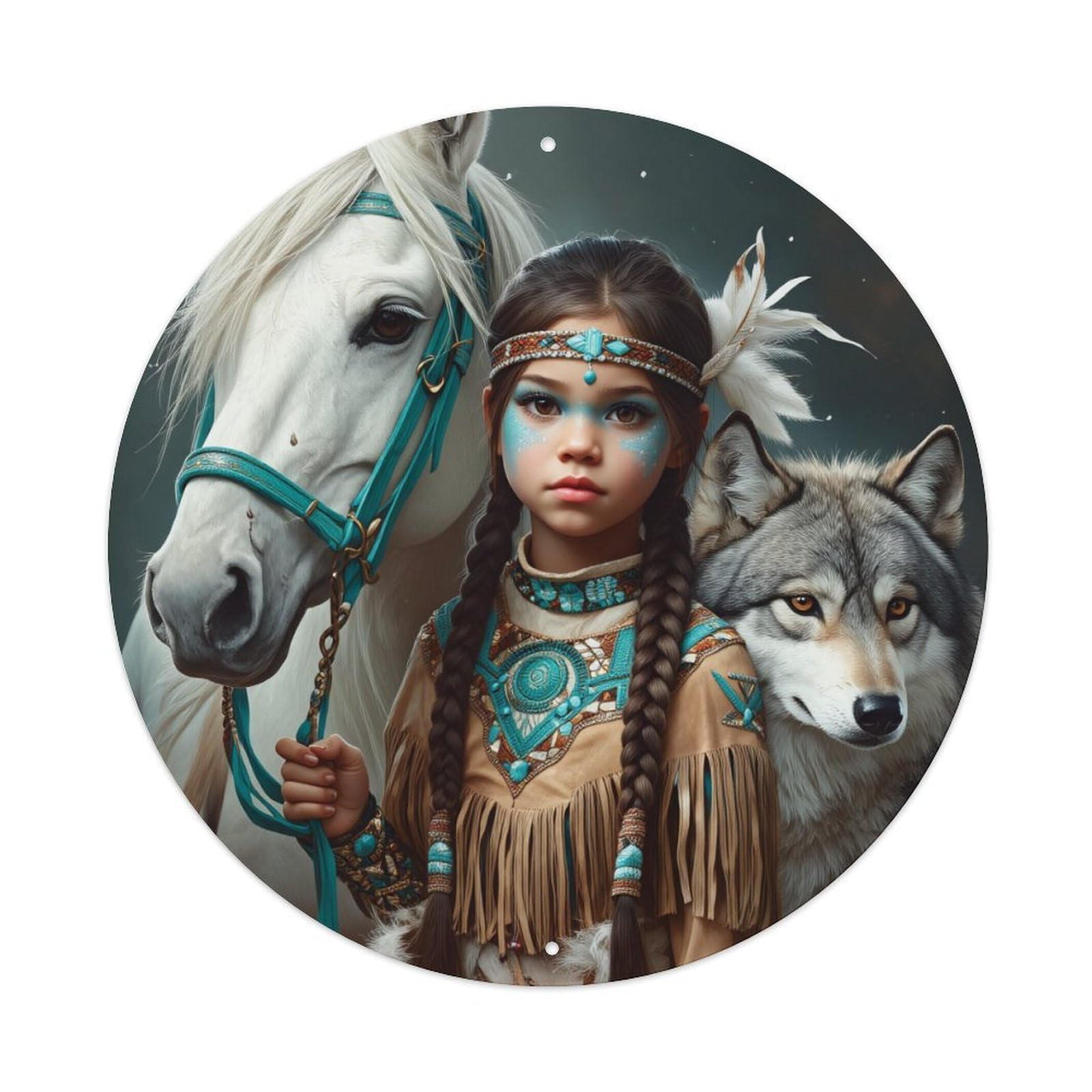 Native American Girl Horse Wolf Round Tin Sign Vintage Metal Poster, Home Bar Garage Man Cave Cafe Indoor & Outdoor Wall Decoration 8x8Inches