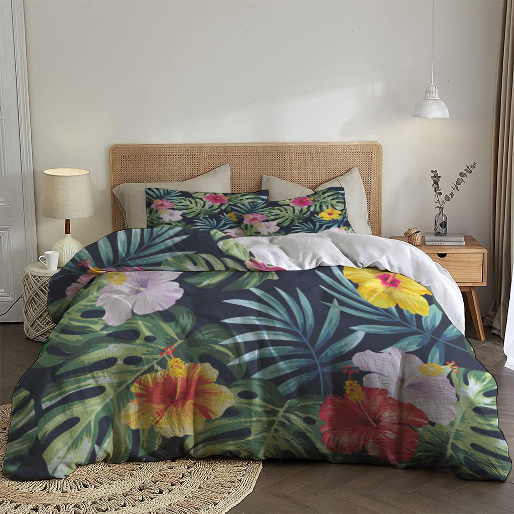 NIBAINLO 布団カバーヤシの葉と花のトロピカルテーマ 肌に優しい ピーチスキン加工 掛け布団カバー 和式 洋式 あったか 布団カバーセット リバーシブル ホームステイ ホテル 家庭兼用