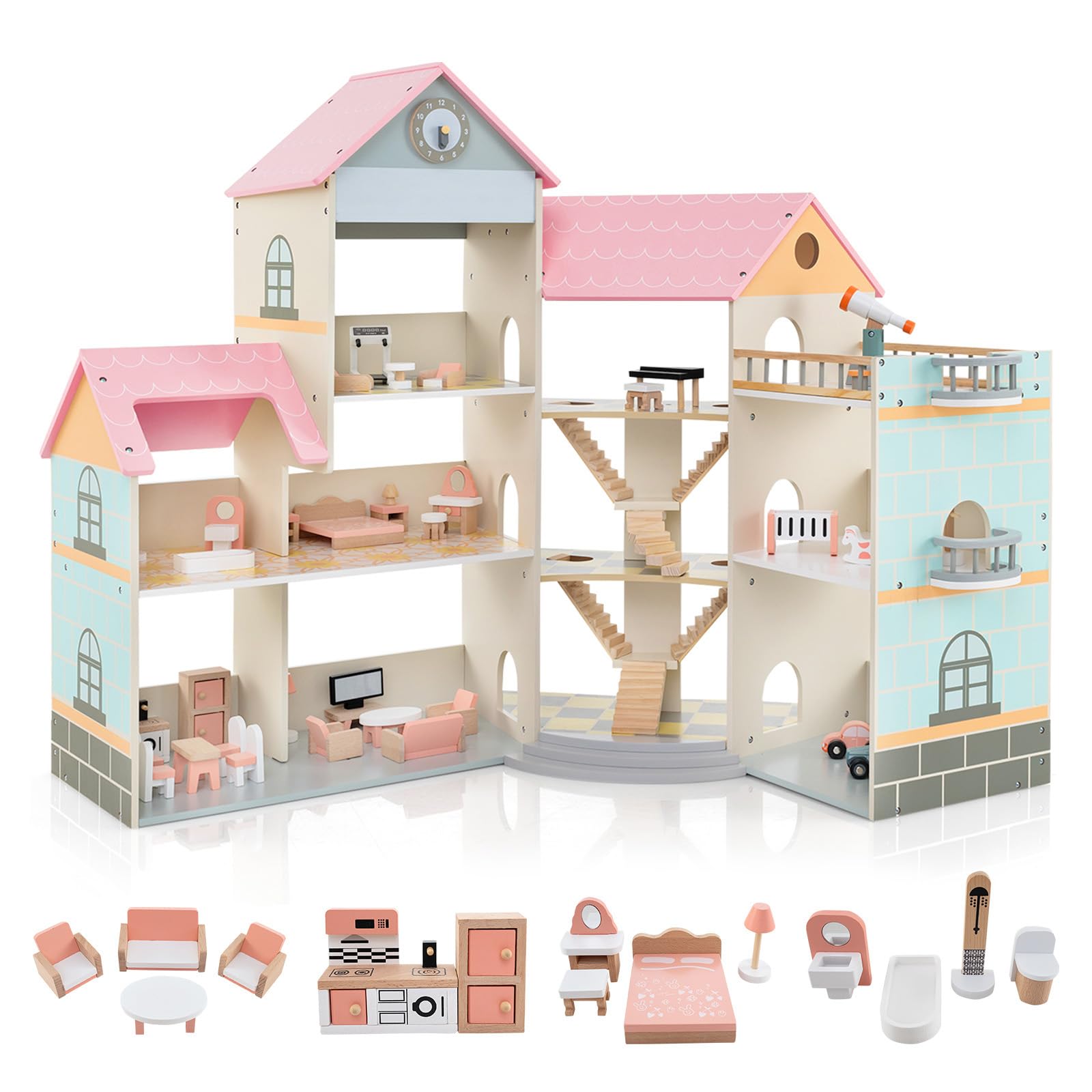 RELAX4LIFE Casa delle Bambole Alto 95 cm, Villa di Lusso in Legno, 41 Mobili e Accessori inclusi, Cameretta, Terrazza e Garage, Giocattolo per Bambini 3+ Anni (ROSA)
