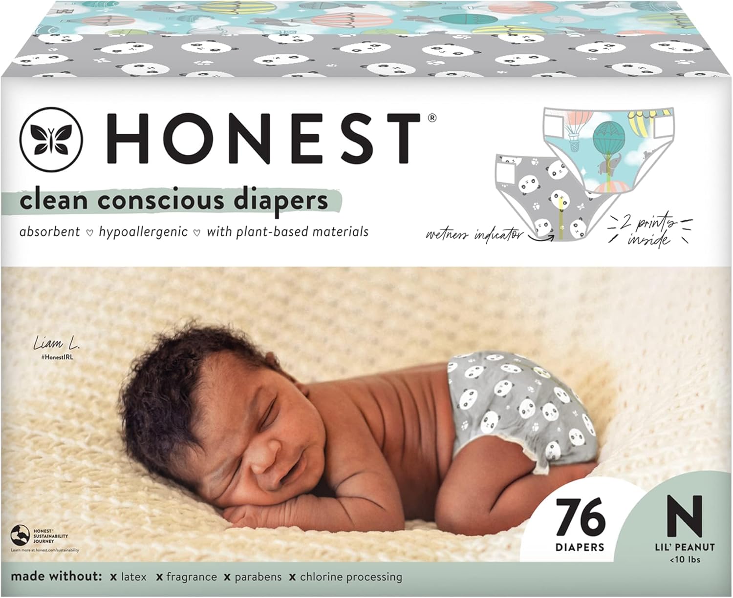 The Honest Company Comfort Dry Disposable Diapers Plant-Based Sustainable Above It All and Pandas Club Box Size Newborn 76 Count