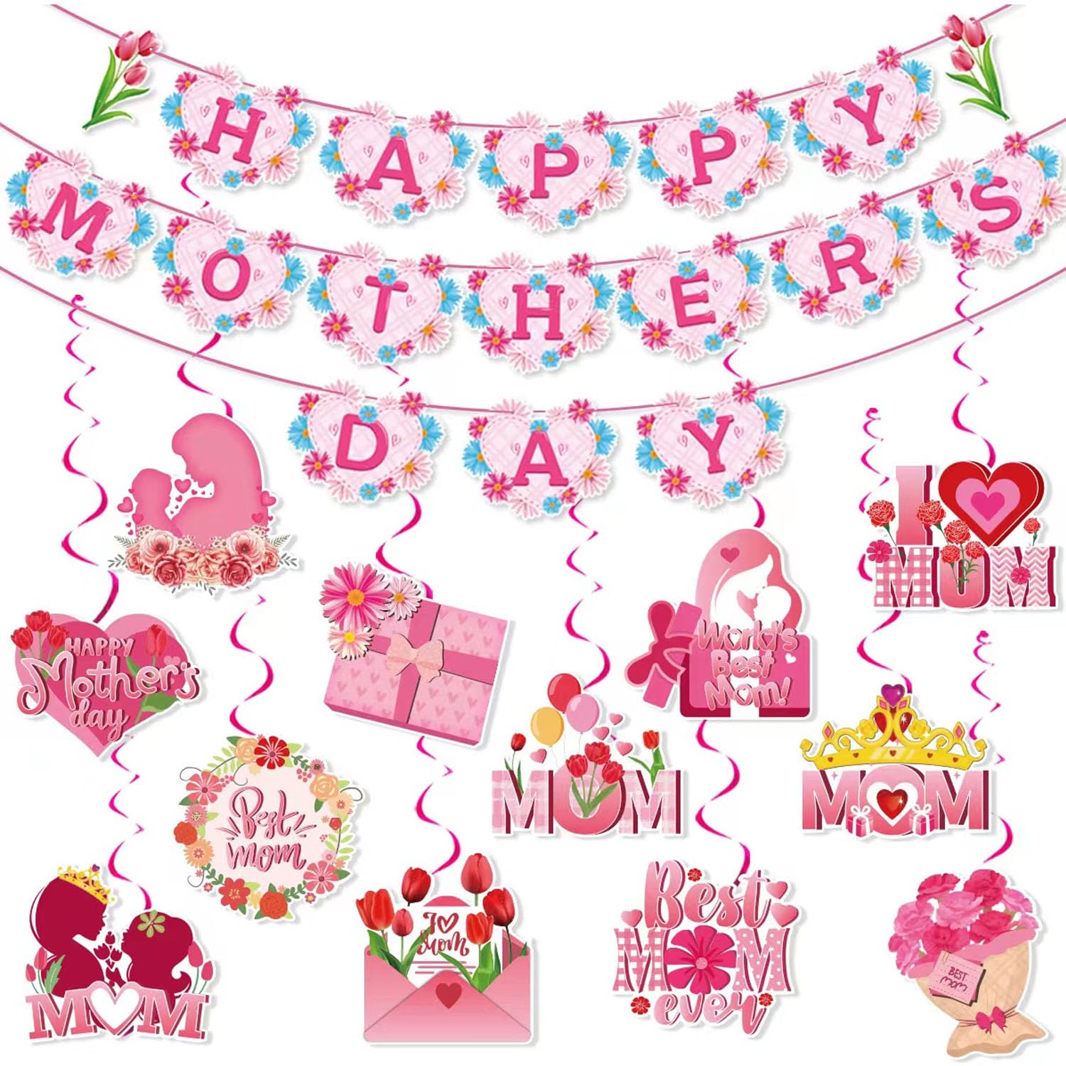 DWEARTY Happy Mothers Day Banner and Hanging Swirls Paper Party Decorations
