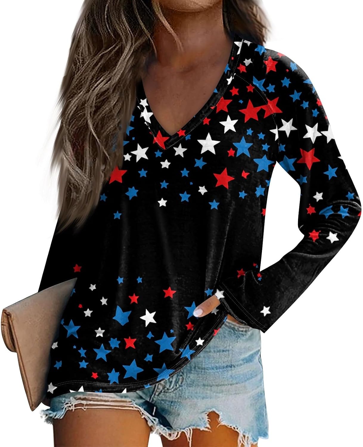 Women's 4Th of July Shirt, Long Length Sleeve V Neck Patriotic Tops, Causal American Flag Print Blouses, S-2XL
