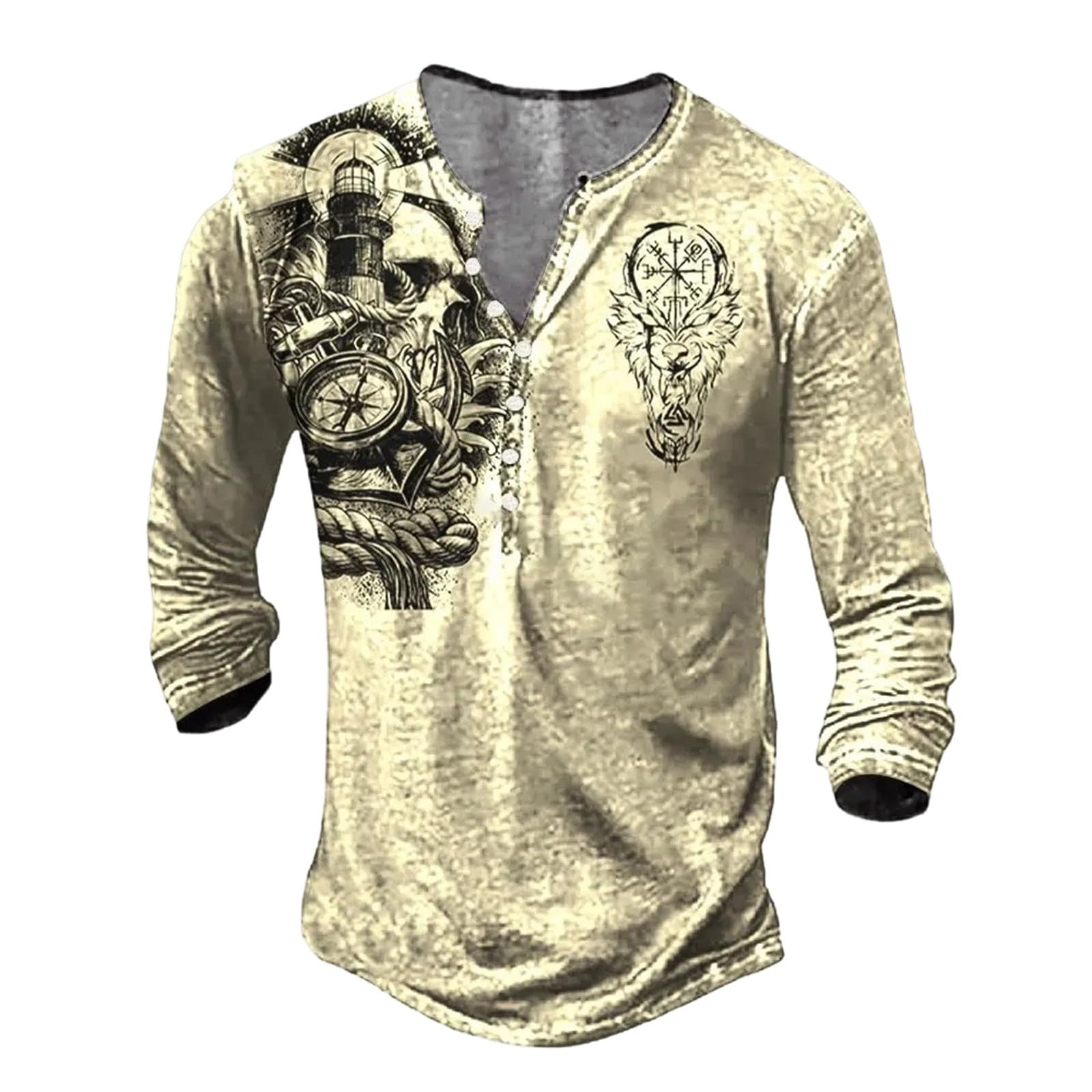 Men's Gothic Nordic Mythology T Shirts Retro Printed V Neck Lace Up Long Sleeve Pullover Vintage Distressed Henley Shirt Top Street Tshirt Sports Shirt, beige, XL