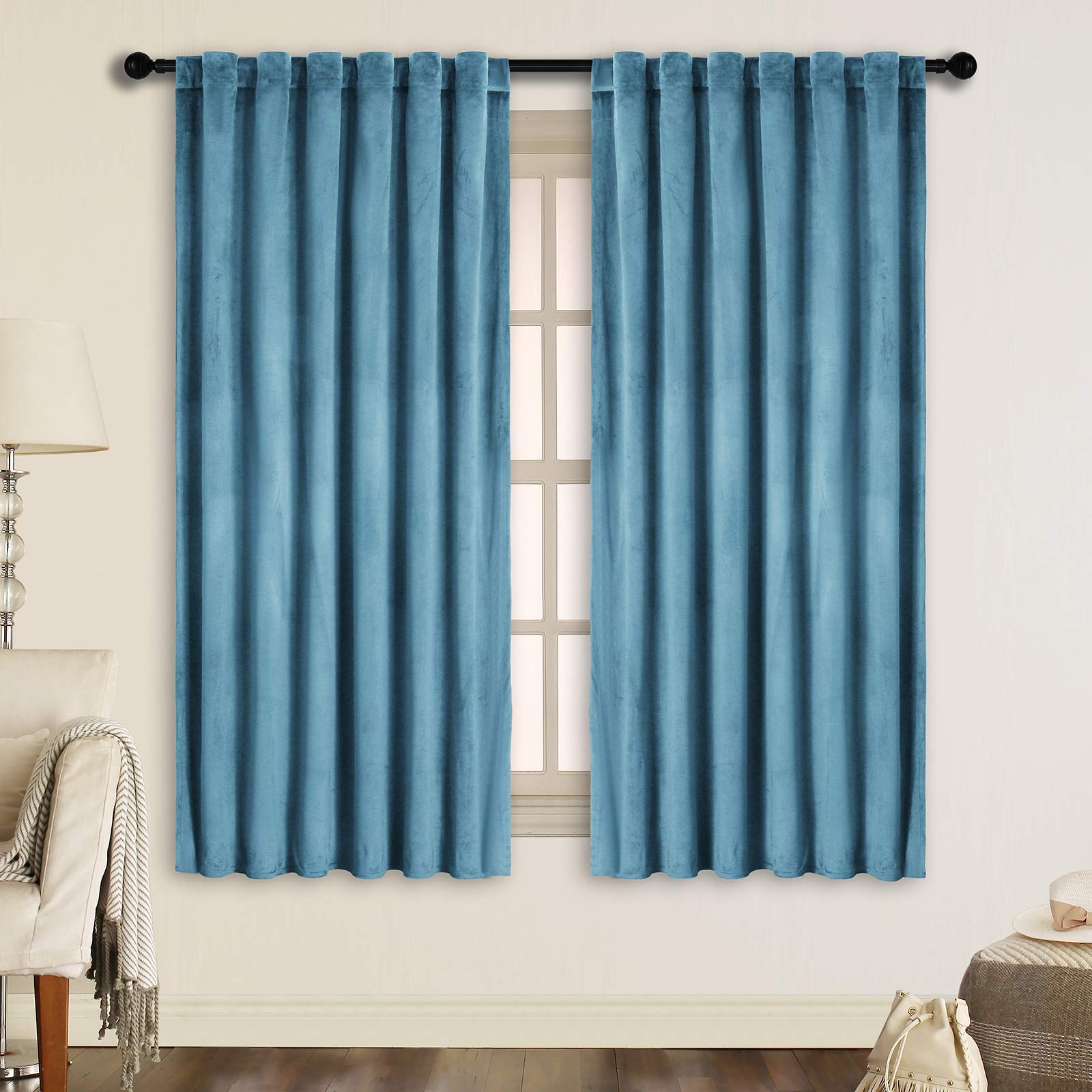 SNITIE Cortinas de terciopelo azul cielo de 160 cm de largo con pestaña trasera y bolsillo para barra