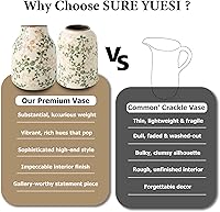 Vista 5 de Jarrón de cerámica verde y blanco con asa, florero rústico para decoración de hogar estilo “chinoiserie”, “grandmillenial” y toscano, jarrón