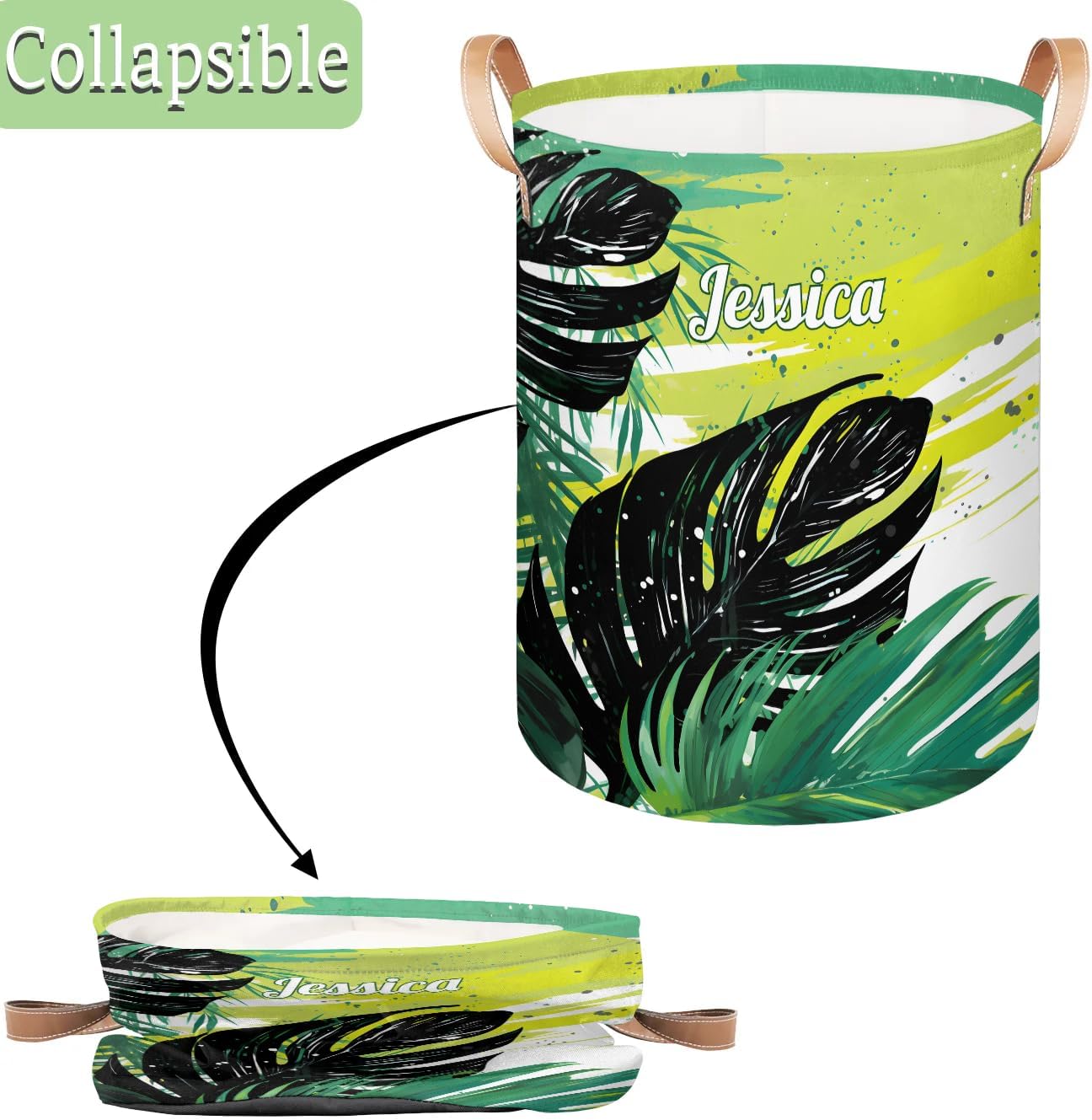 Custom-Laundry-Hamper Toy-Stronge-Basket with-Name Foldable Clothes Storage Basket with-Handle for-Kids-Girls-Boys Tropical Leaves-Laundry-Hamper Green