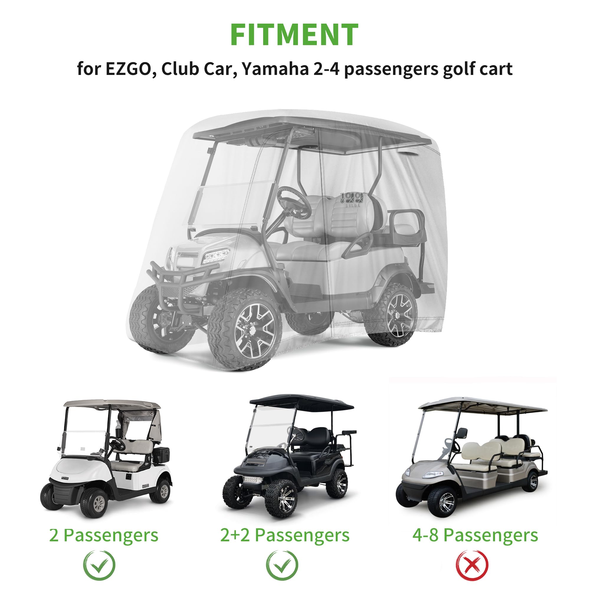 10L0L Copertura per carrello da golf per 2-4 passeggeri, impermeabile, resistente al sole per Yamaha EZGO Club Car, 284,5 cm L x 121,9 cm W x 185,4 cm H, adatta a tetto completo fino a 203,2 cm