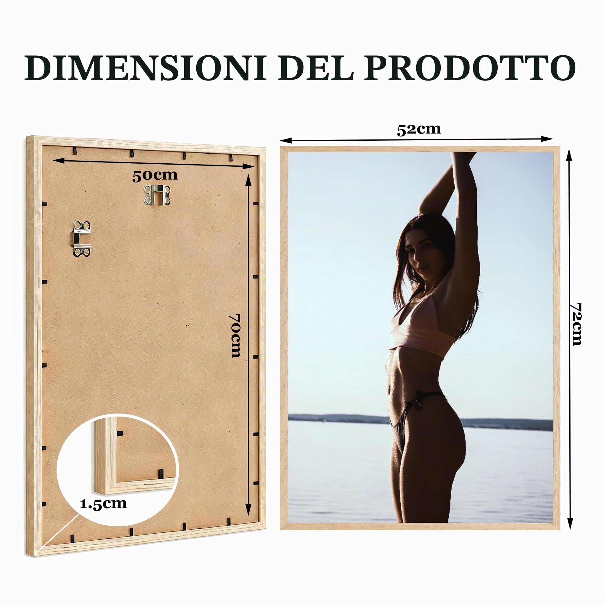 50x70cm Cornice Legno Chiaro, Beige, Acrilico Antiriflesso, 2 pezzi | Cornici sottili moderne appendibili orizzontali e verticali, adatte per foto, puzzle, poster e collage