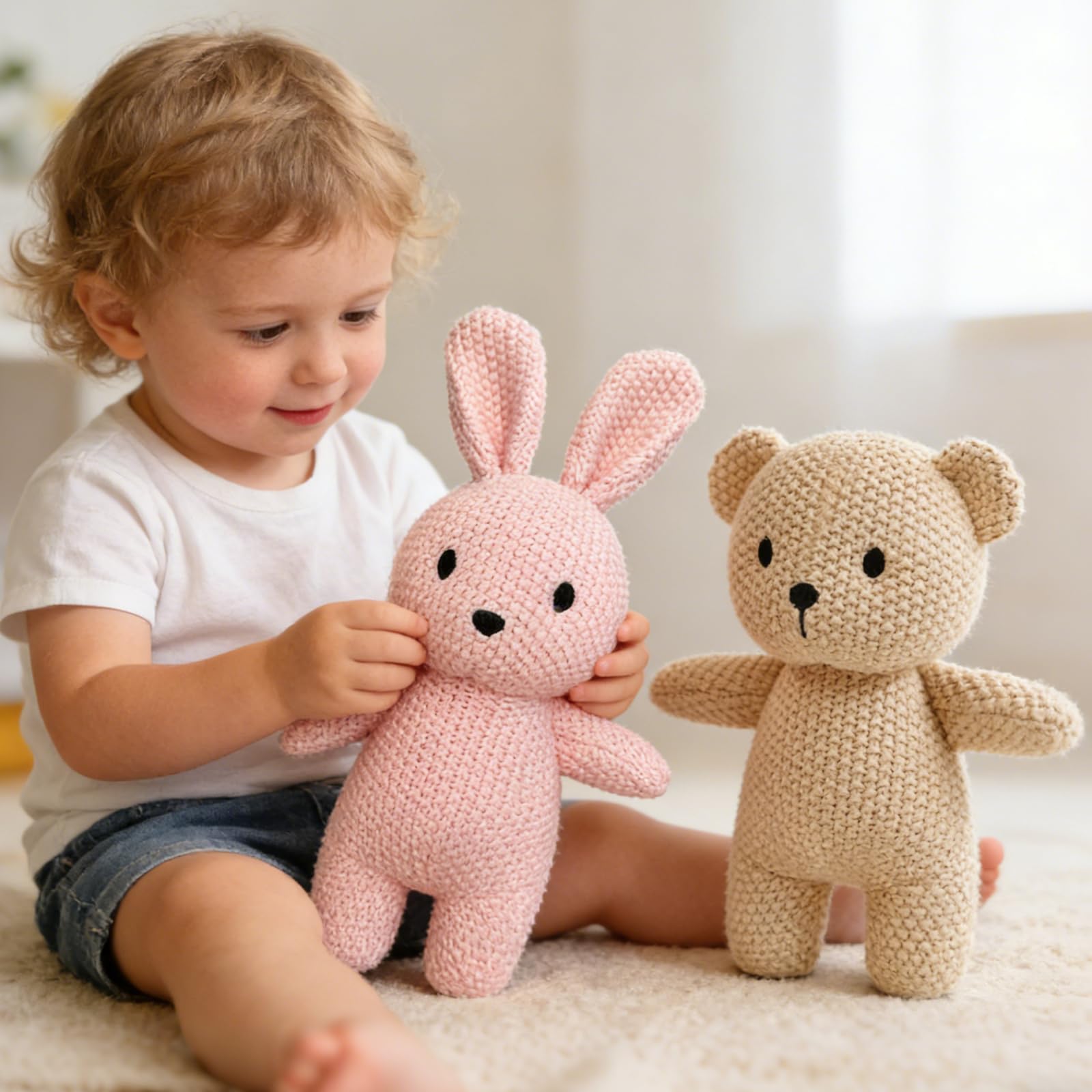 2 Pack 100% Baumwolle Baby Plüsch Stofftiere Niedlich Kaninchen und Teddybär Gestrickte Plüschtier Geschenke für Kinder und Neugeborene, Handgemachte Häkelpuppe für Weihnachten, Ostern (Hase