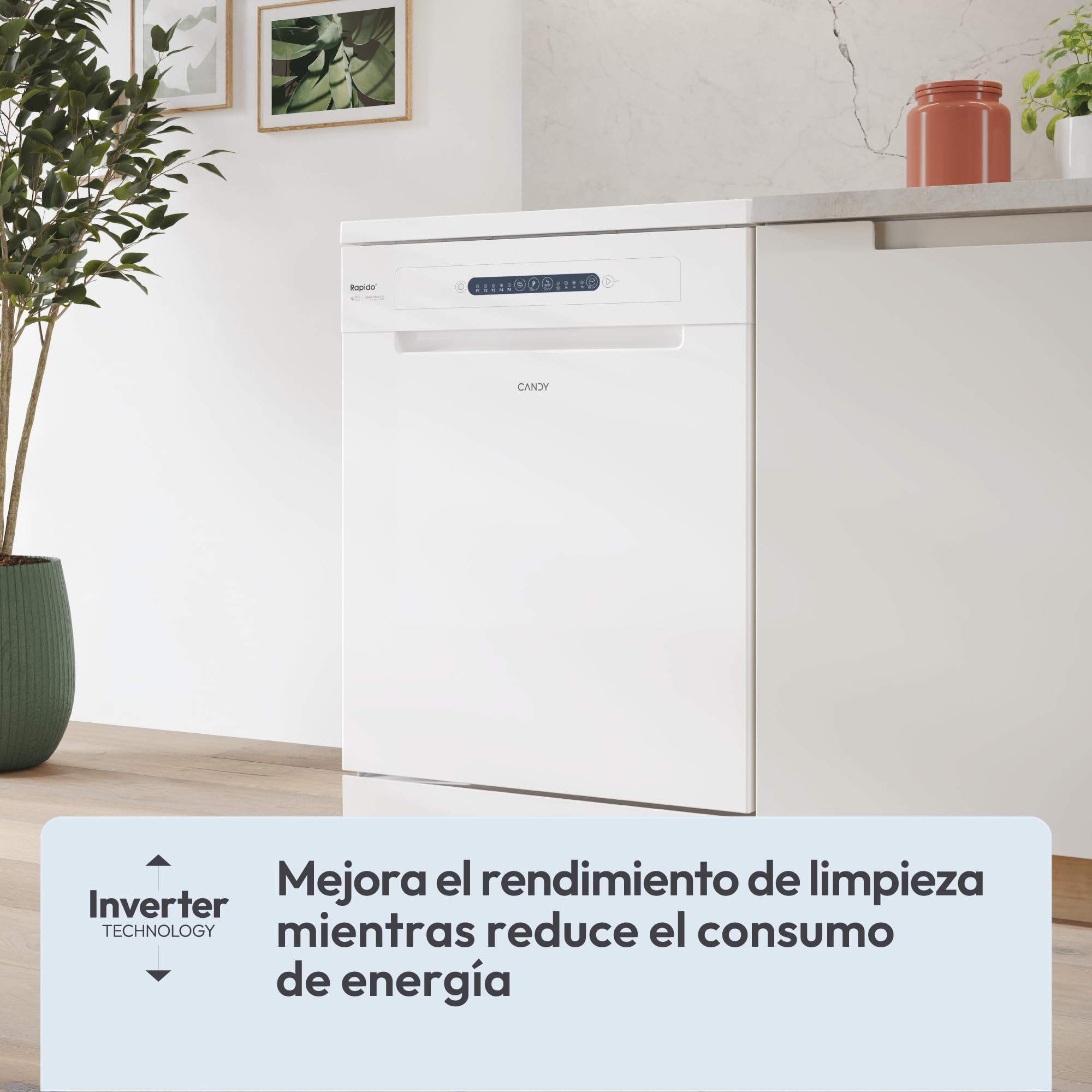 Candy Rapidò CF 3C7L1W Lavavajillas 60 CM, 13 Servicios, Wi-Fi, 5 Programas, Tercera Bandeja, Motor Inverter, Inicio Diferido 3-6-9 H, Indicador Sal y Abrillantador, 47DB, Blanco