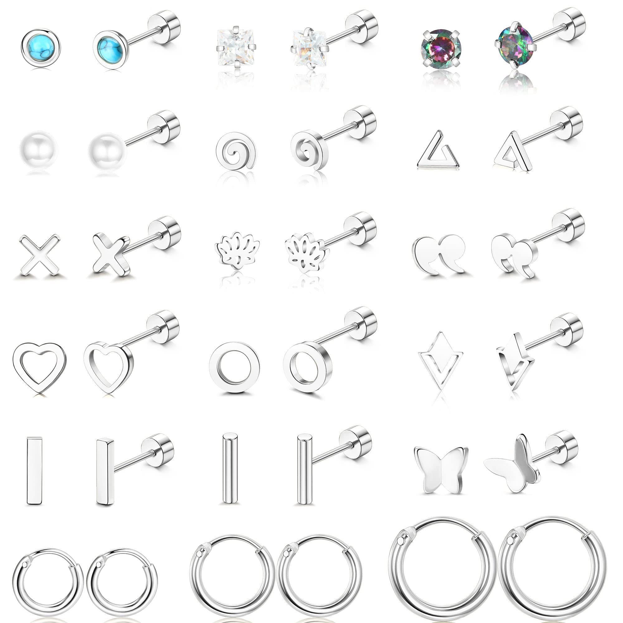 Dochais Juego de 18 pares de pendientes, pendientes de acero quirúrgico, piercing de oreja, pendientes de bola redonda, pendientes de perla, cartílago, hélix, para mujeres y niñas