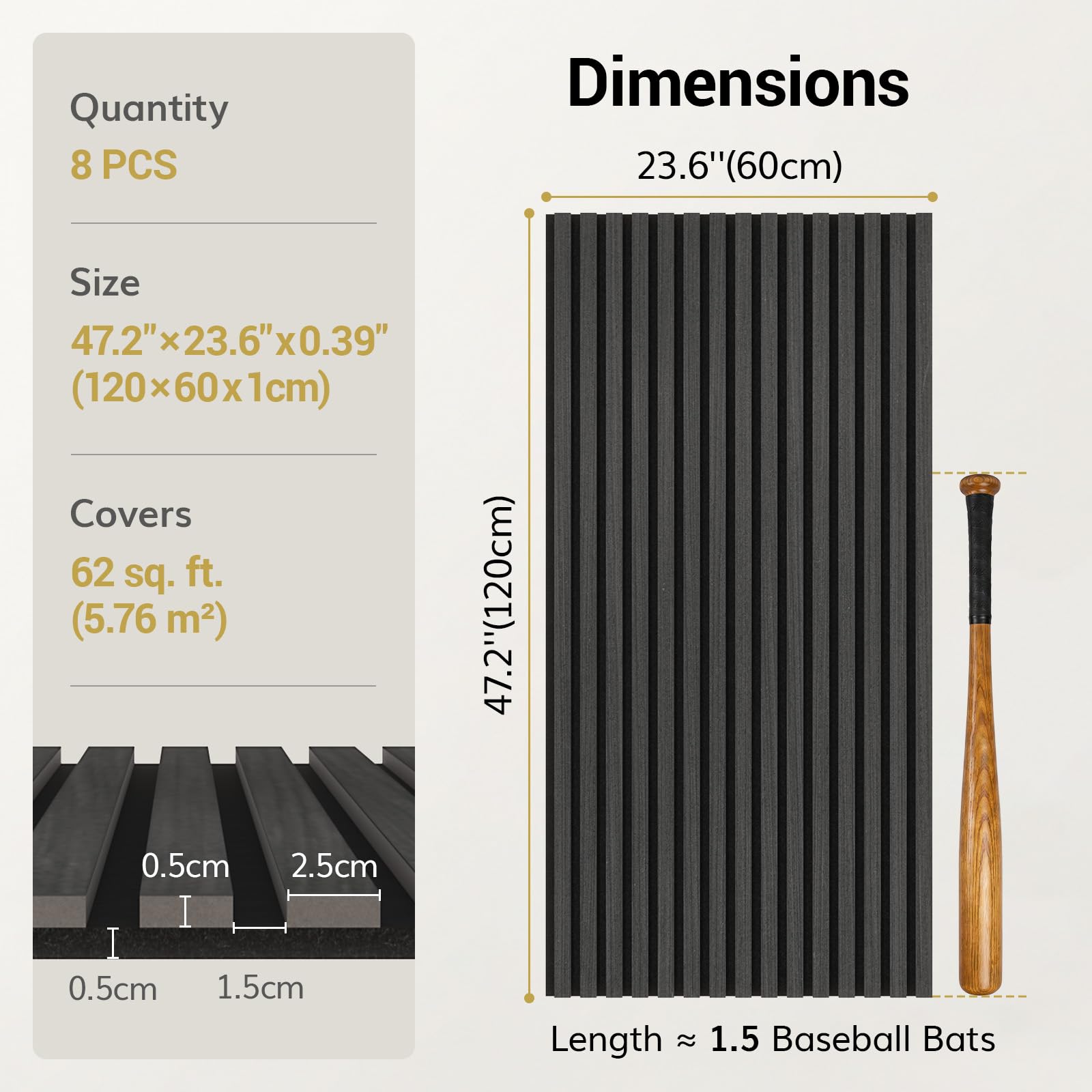 TONOR 8-pak drewnianych paneli akustycznych, 120 cm x 60 cm – 5,76 m², panele ścienne drewniane do ścian, panele drewniane do izolacji akustycznej i dekoracji do studia, mieszkań, sypialni i biur