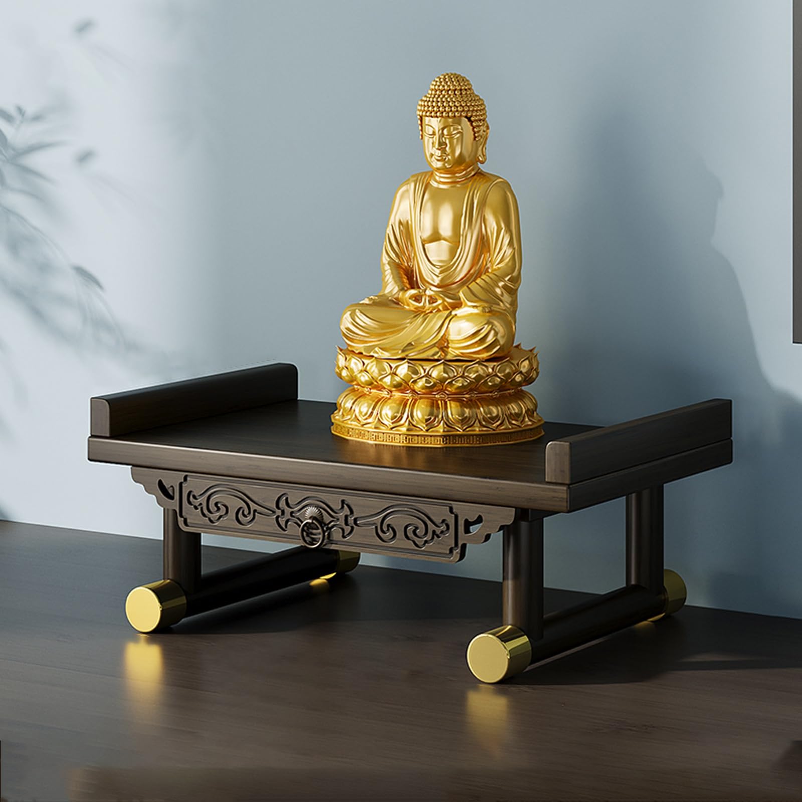 JNTFNE Buddha Altar Table, Wall-Mounted Personal Shrine, Wood Buddhist Shelf for Home, God Wealth God, Guanyin, Statue(Heightened,Small)