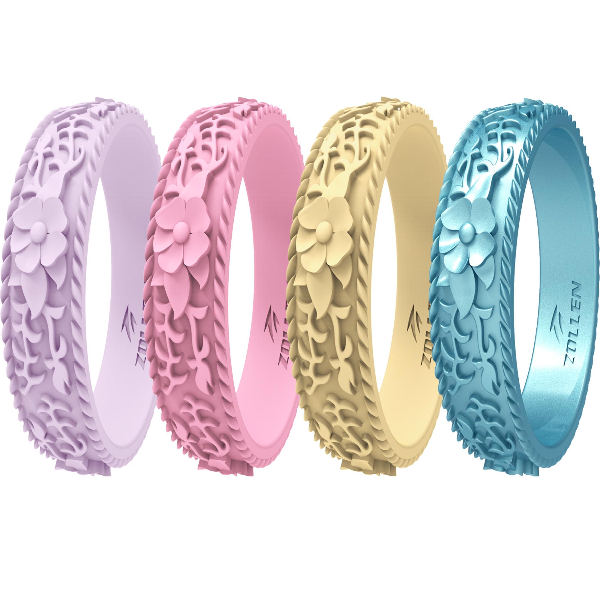 Silicone Wedding Rings for Women 1/4/7 Packs -Stackable Silicone Rubber Wedding Bands - Innovative Flower &amp; Vine Collection