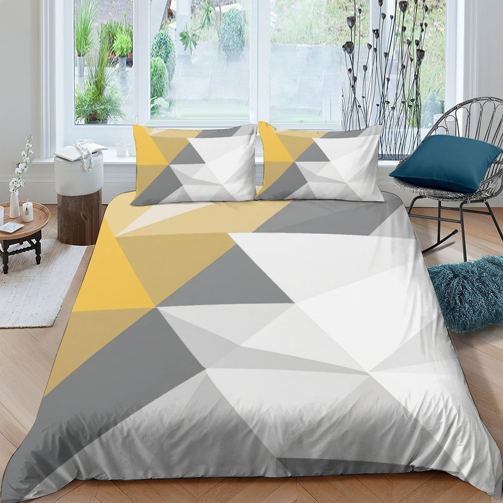 GPLZQXKJNH 3D Printed Geometric Patchwork Duvet Cover Microfiber Soft Breathable Modern Triangle Bedding Set with 2 Pillowcases for Bedroom Decor Single（135x200cm）