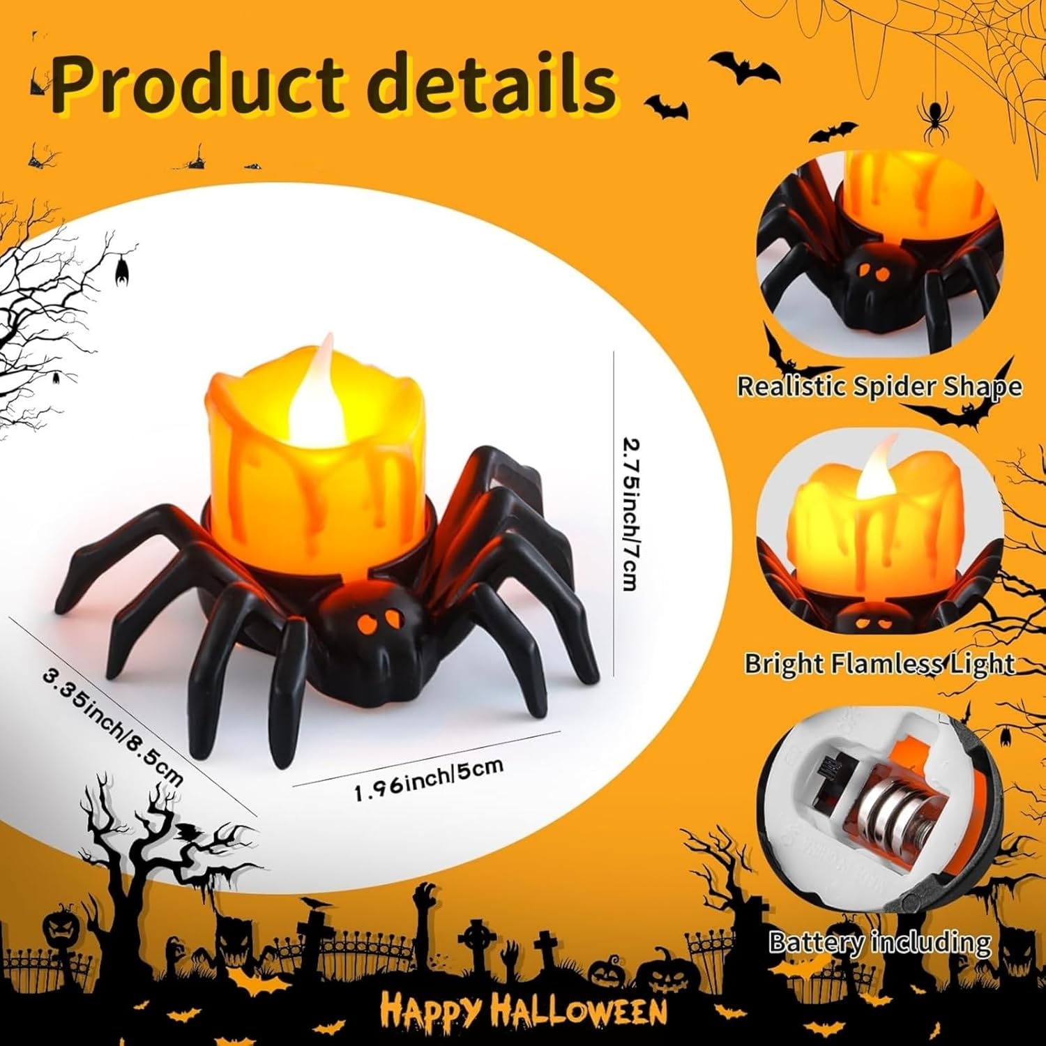 6 PCS LED Halloween Lights Indoor, Spider Tea Lights Battery Operated Flameless Candles for Party Table Halloween Decorations