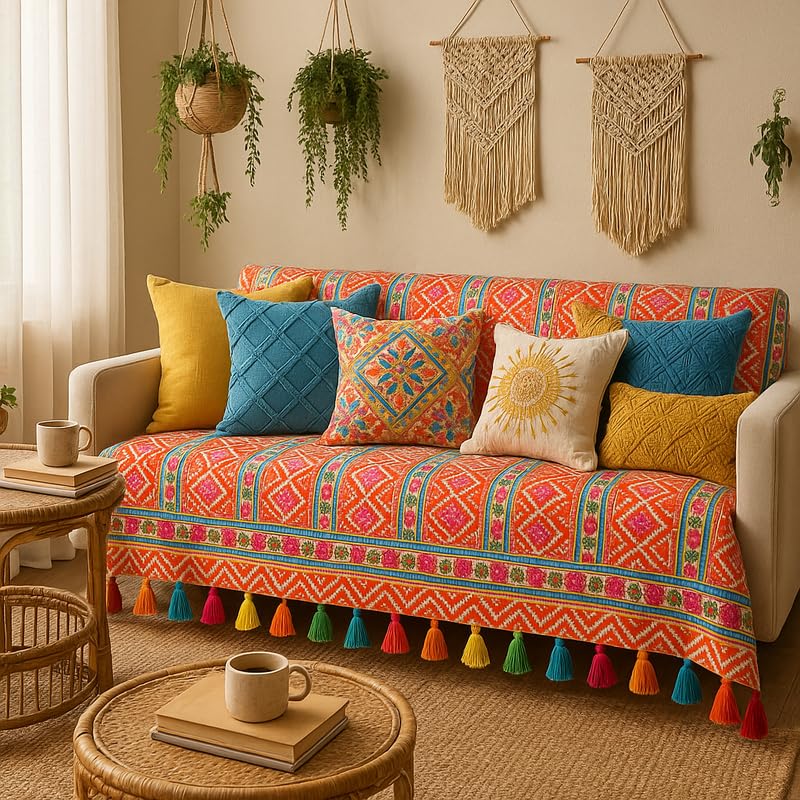 Sunburst Large 3-Seater Sofa Cover with Tassels|Seat & Back 3-Seater Sofacover |Tassel Sofa Throw for Large Three-Seater Couch|Boho Couch Covers for Sofa Cum Bed|AntiSlip Machine Washable Diwali Decor-image-9