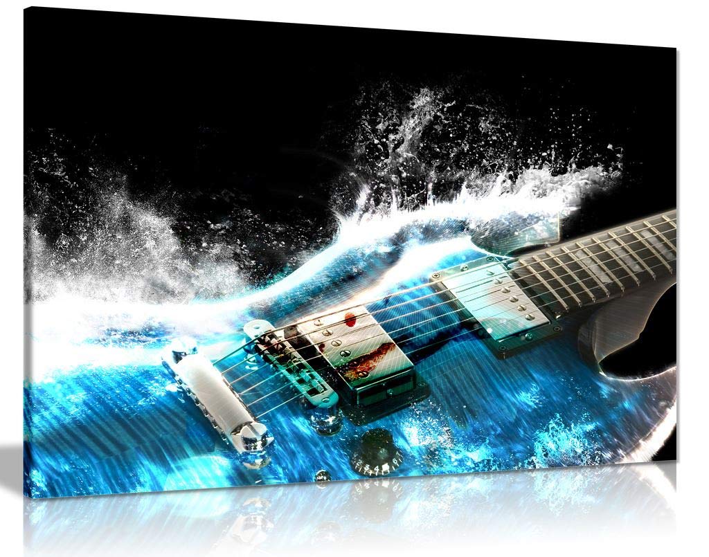 Panther Print Guitar In Blue And Waves Music Canvas Wall Art Picture Print (24X16)