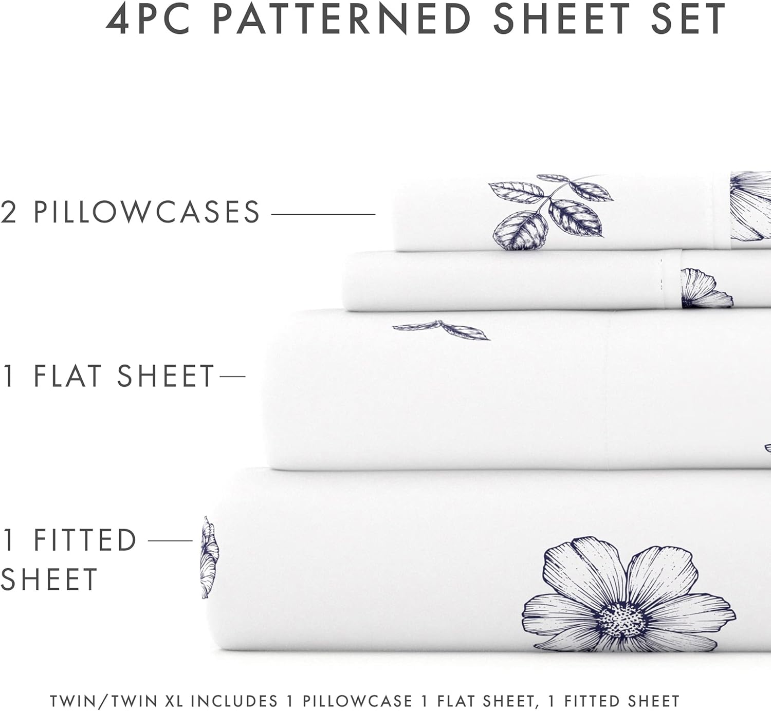 Merit Linens Breathable Hotel Style Queen Floral Bed Sheets | 4 Pc Navy Flowers Sheet Set Deep Pocket | Lightweight, Cozy Sheets | Easy Care Flower Sheets (Queen, Indigo Flowers)
