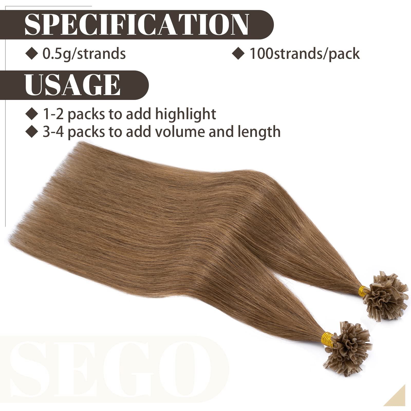 SEGO Extensiones Queratina Pelo Natural sin Clip U Tip Castaño Claro 100 Mechas 50g