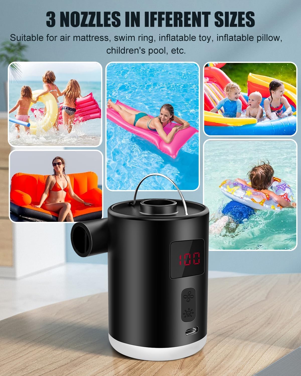 Pompa ad aria elettrica da 4000 mAh, batteria ricaricabile con 3 ugelli, gonfiatore elettrico portatile, con sorgente luminosa, può essere appesa, adatta per piscine gonfiabili per barche, materassi