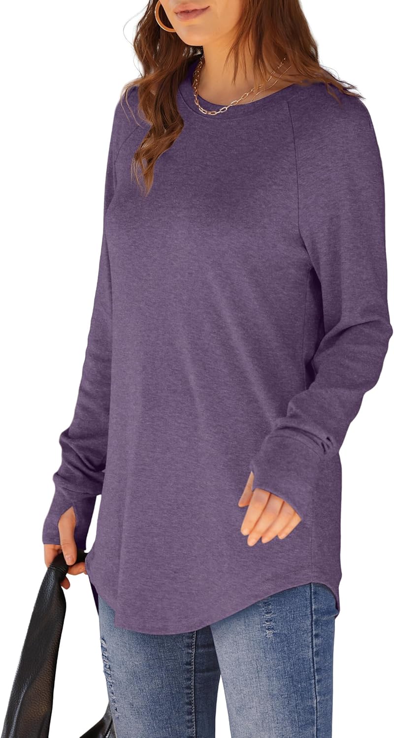XIEERDUO Womens Tunic Tops to Wear with Leggings Long Sleeve Thumb Hole Shirts Crew Neck Curved Hem - Image 3
