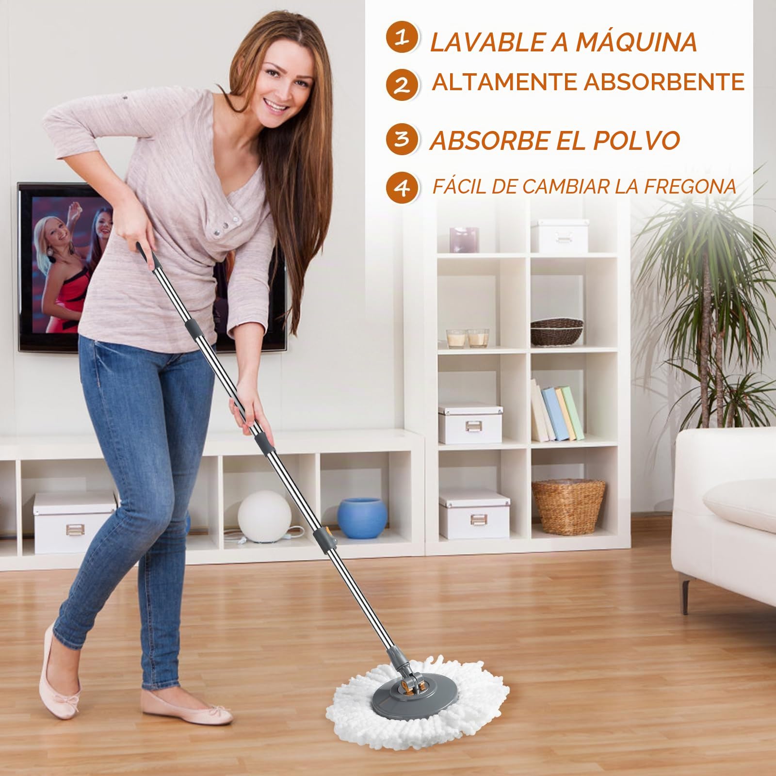 Rainberg Juego de fregona giratoria y Cubo con 3 Cabezales adicionales, Mango Extensible de 130 cm, Cabezales de Microfibra Lavables a máquina, Sistema de autoescurrido, Gris y Naranja (Juego de
