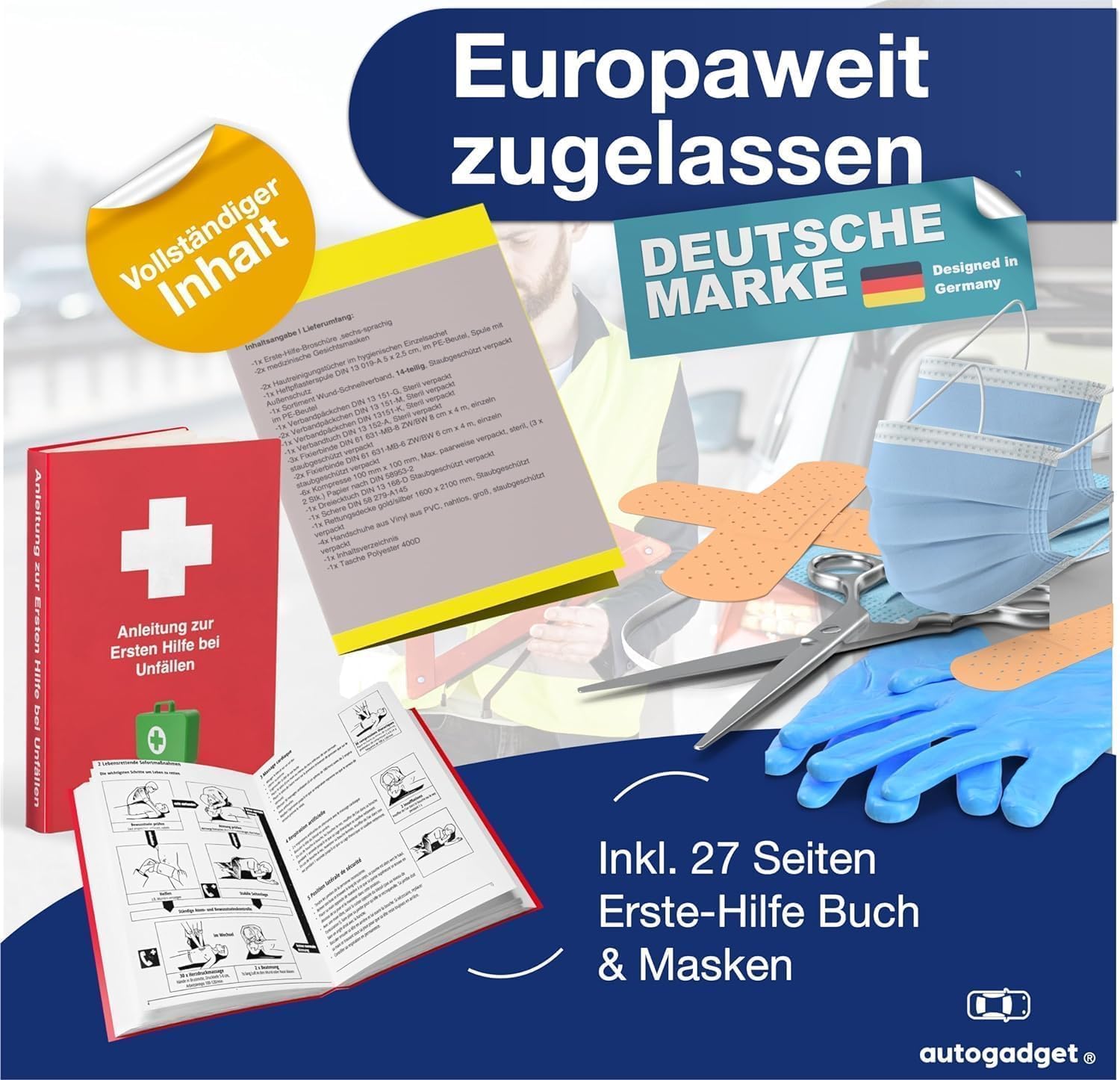 Kit 3 en 1 - Kit de premiers secours pour voiture 2024 : trousse de secours conforme à la norme EN ISO 20471, trousse de secours et gilet de sécurité, triangle de signalisation - Accessoires pour voit