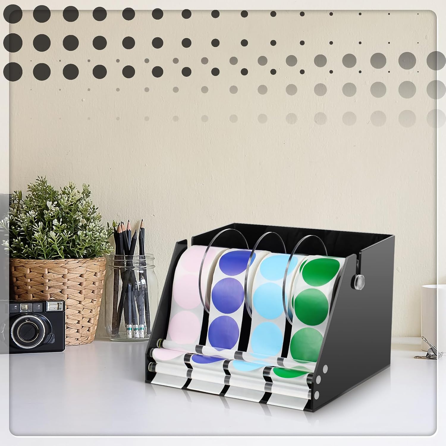 Feifeiya Adjustable Label Dispenser Acrylic Sticker Roll Dispenser Label Roll Holder Multi Use Sticker Holder Organizer Stand for Home Office Restaurant Kitchens Bakeries and Cafes(4 Disks)