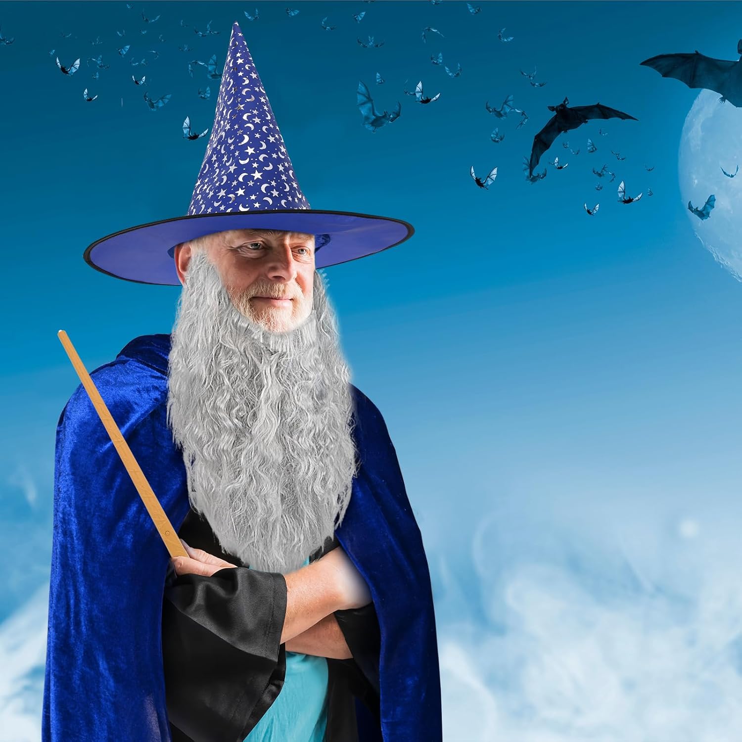 4 Pcs Halloween Wizard Costume Wizard Hat,Velvet Cape,Wig Beard and Wand for Men Women Party Dress Up