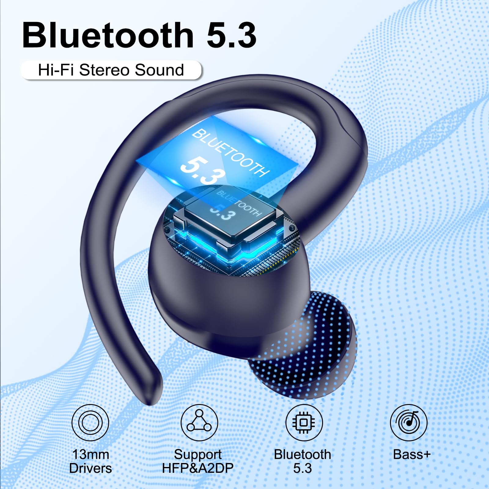 Csasan Ecouteurs Bluetooth sans Fil Sport, 48H Écouteurs Bluetooth 5.3 avec CVC8.0 Antibruit, IP7 Étanche Oreillette Bluetooth Contrôle Tactile, Écran LED Casque Bluetooth Bleu Foncé