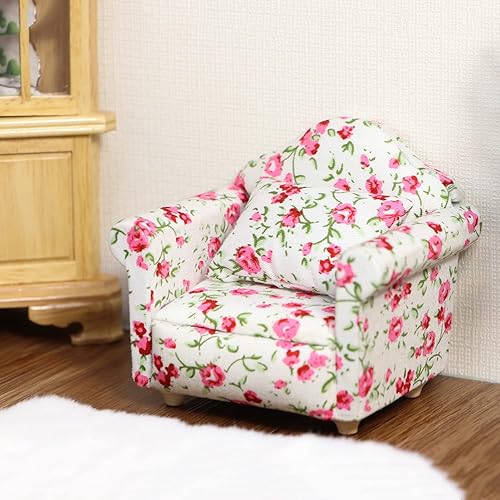 Miniatura 10 de Sofá de casa de muñecas con almohada, sofá miniatura a escala 1 y 12, muebles de sala de estar, marco de tela de madera, silla de lectura
